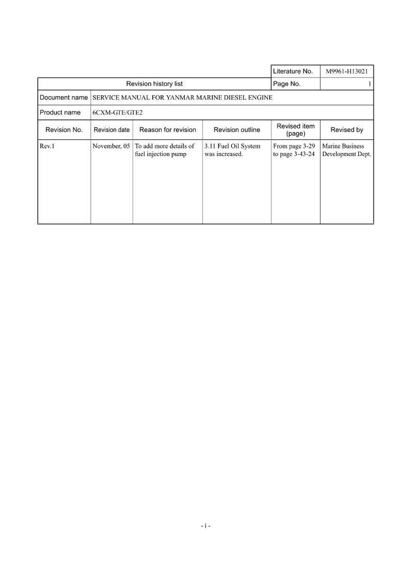 May include: A white document titled "Revision history list" for a Yanmar Marine Diesel Engine. The document includes a revision history table with details such as revision date, reason for revision, and revised item.