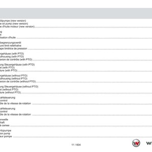 May include: A page from a manual with a table of contents in German, English, and French. The document lists various engine components, including oil pumps, lines, and control housings. The Weidemann logo is visible at the bottom.