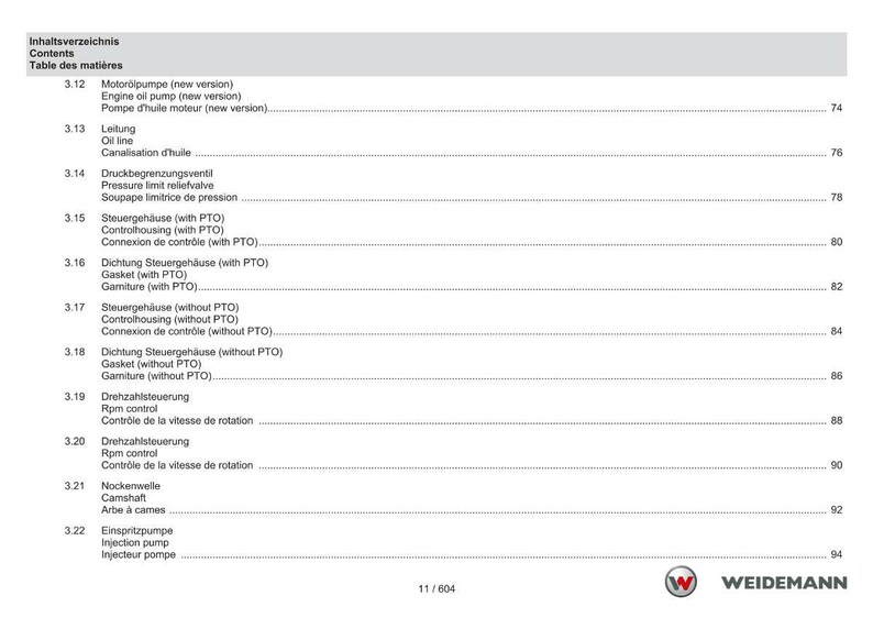 May include: A page from a manual with a table of contents in German, English, and French. The document lists various engine components, including oil pumps, lines, and control housings. The Weidemann logo is visible at the bottom.