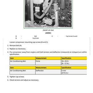 May include: Diagram illustrating the process to remove and install an air conditioning compressor belt. The image includes a detailed view of the engine components, with labels and measurements in inches and pounds.