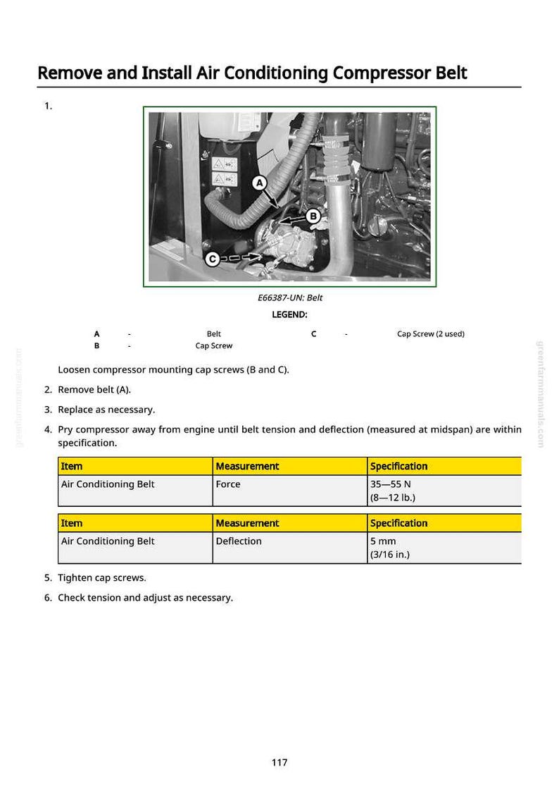 May include: Diagram illustrating the process to remove and install an air conditioning compressor belt. The image includes a detailed view of the engine components, with labels and measurements in inches and pounds.