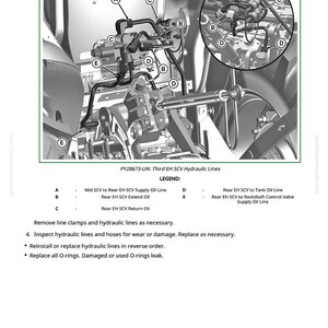 Peut inclure: Sch&eacute;ma des conduites hydrauliques d'un tracteur, &eacute;tiquet&eacute;es de A &agrave; E. L'image comprend une vue d&eacute;taill&eacute;e des conduites et des raccords, avec une l&eacute;gende expliquant chaque composant. Le texte fournit des instructions d'entretien.