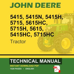May include: A John Deere tractor technical manual cover. The image features a green and yellow tractor on a yellow background. Text includes "JOHN DEERE" and tractor model numbers. The bottom banner reads "TECHNICAL MANUAL".