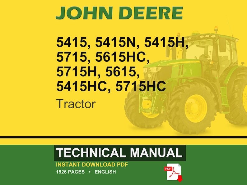 May include: A John Deere tractor technical manual cover. The image features a green and yellow tractor on a yellow background. Text includes "JOHN DEERE" and tractor model numbers. The bottom banner reads "TECHNICAL MANUAL".