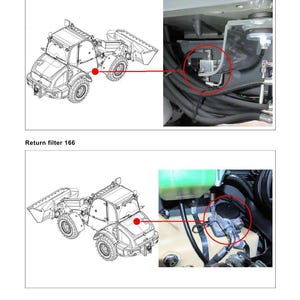 May include: Diagram of a Kramer construction vehicle with callouts for the pressure relief of the 3rd control circuit 134 and return filter 166. The text "19 Installation position" is at the top.
