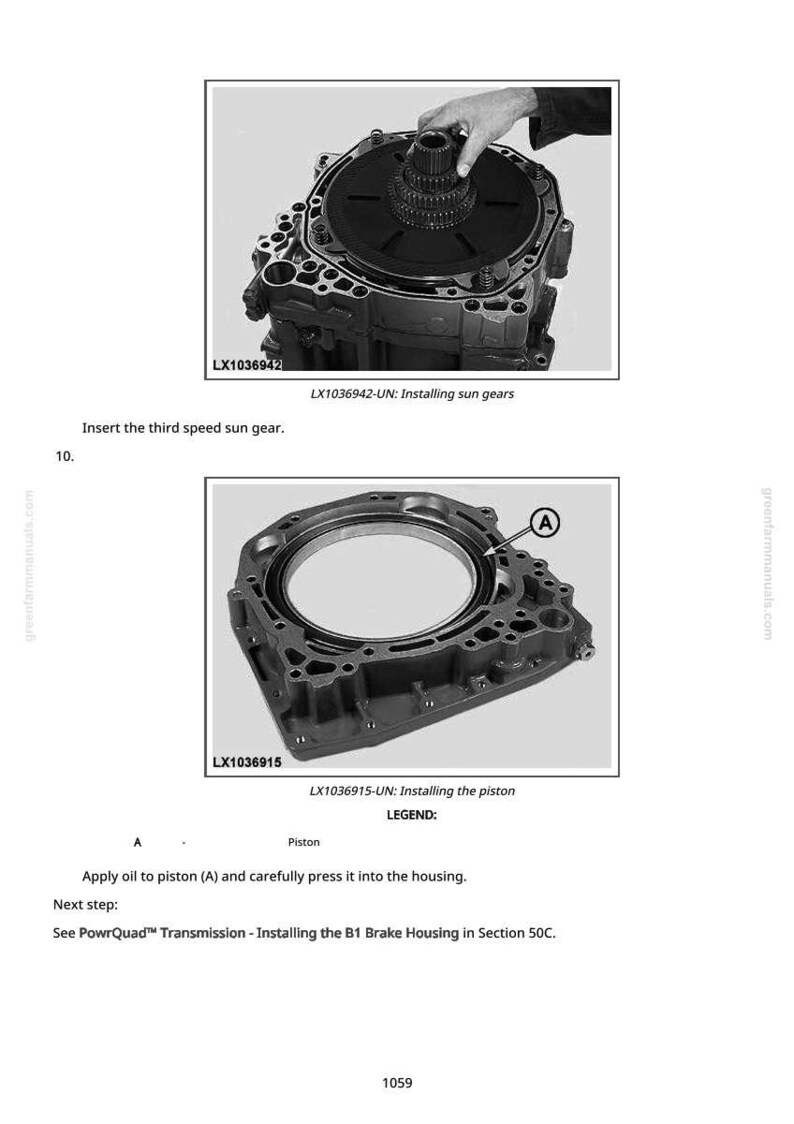 May include: Technical diagram showing the installation of sun gears and a piston within a mechanical component. The image includes text labels and part numbers, such as LX1036942 and LX1036915, with instructions for assembly. The diagram is from a manual.