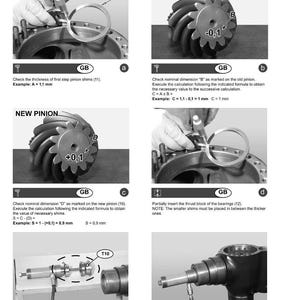 May include: A technical diagram with instructions for installing and adjusting a bevel pinion. The image shows close-ups of mechanical components, including gears and bearings, with accompanying text and formulas. Measurements are in millimeters.