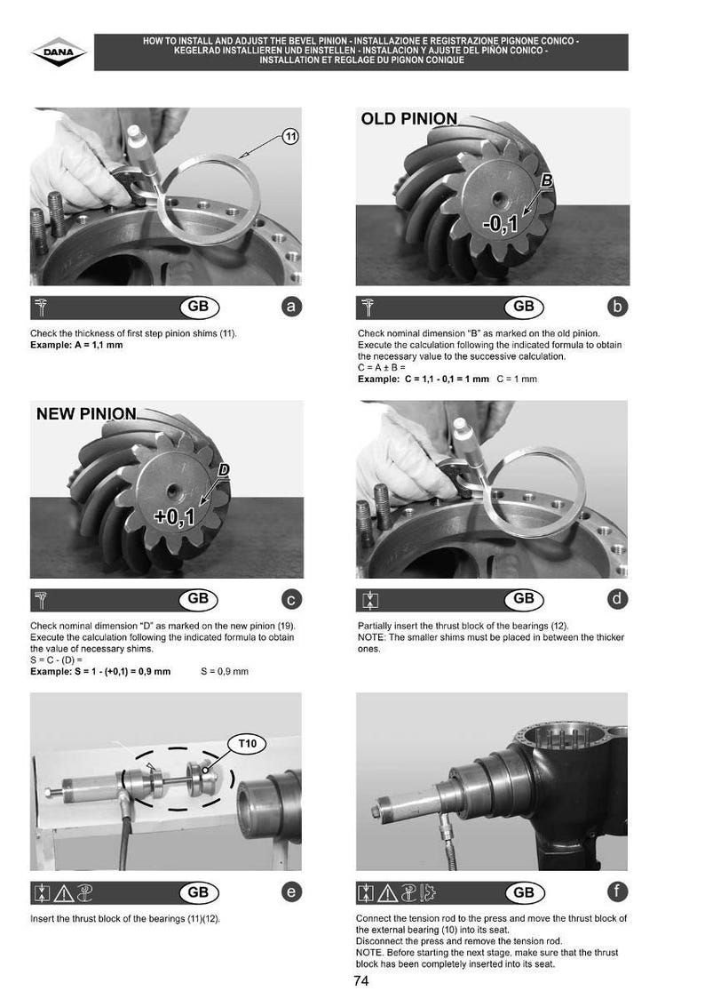 May include: A technical diagram with instructions for installing and adjusting a bevel pinion. The image shows close-ups of mechanical components, including gears and bearings, with accompanying text and formulas. Measurements are in millimeters.