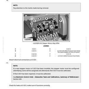 May include: Diagram of a mechanical component with labeled parts A through F, and text including "LX225893" and "Stepper Motors May Differ." The diagram includes torque specifications of 19 + 5 N-m or 14 + 4 lb-ft.