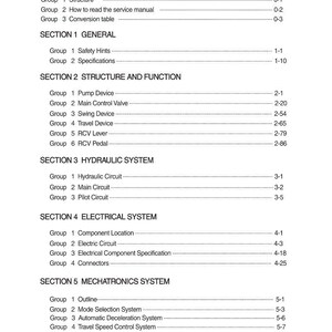 May include: A detailed table of contents from a service manual, with headings like "Forward," "Section 1 General," and "Section 2 Structure and Function." The text is black on a white background.