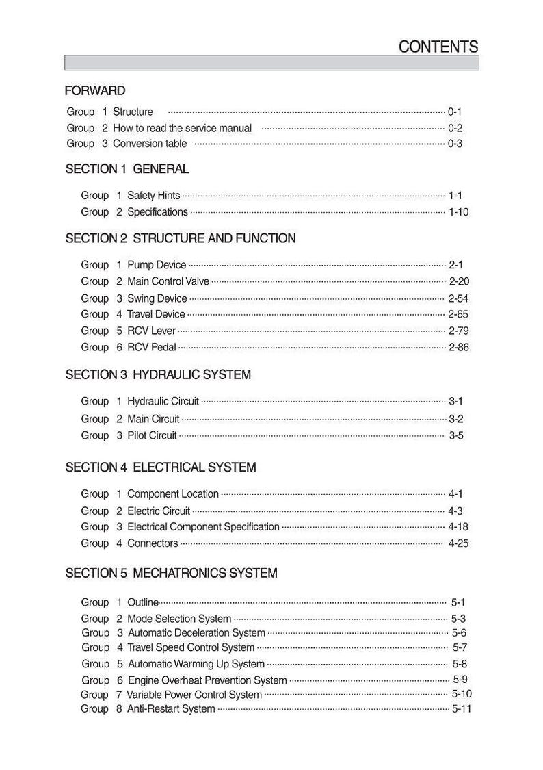 May include: A detailed table of contents from a service manual, with headings like "Forward," "Section 1 General," and "Section 2 Structure and Function." The text is black on a white background.