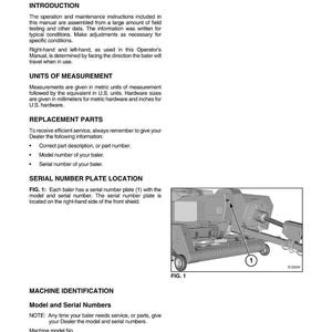May include: A page from an operator's manual with the title "GENERAL INFORMATION." The text describes units of measurement, replacement parts, and serial number plate location. An illustration of a machine is included.