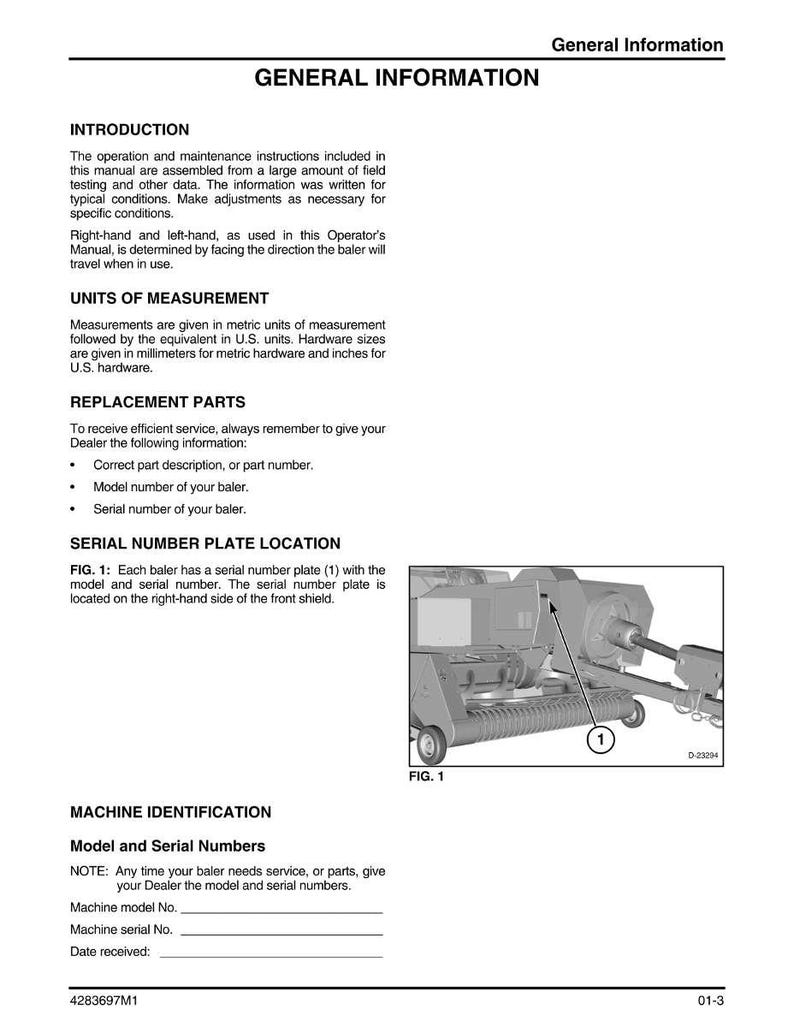 May include: A page from an operator's manual with the title "GENERAL INFORMATION." The text describes units of measurement, replacement parts, and serial number plate location. An illustration of a machine is included.