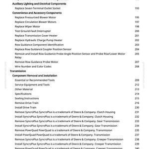 May include: A detailed parts list for agricultural machinery, presented on a white page. The text includes component names such as "Replace Display Module Bulbs" and "Remove Drive Train", with associated page numbers.