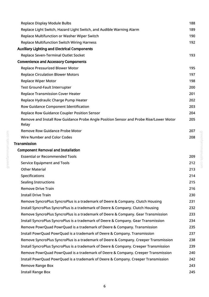 May include: A detailed parts list for agricultural machinery, presented on a white page. The text includes component names such as "Replace Display Module Bulbs" and "Remove Drive Train", with associated page numbers.