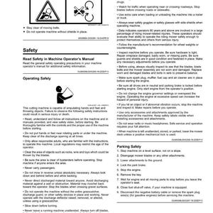 Pode incluir: Uma p&aacute;gina de um manual de seguran&ccedil;a com avisos sobre a opera&ccedil;&atilde;o de uma m&aacute;quina. Inclui ilustra&ccedil;&otilde;es e texto sobre como evitar les&otilde;es, ler o manual e os procedimentos operacionais seguros. A p&aacute;gina tamb&eacute;m detalha o estacionamento seguro.