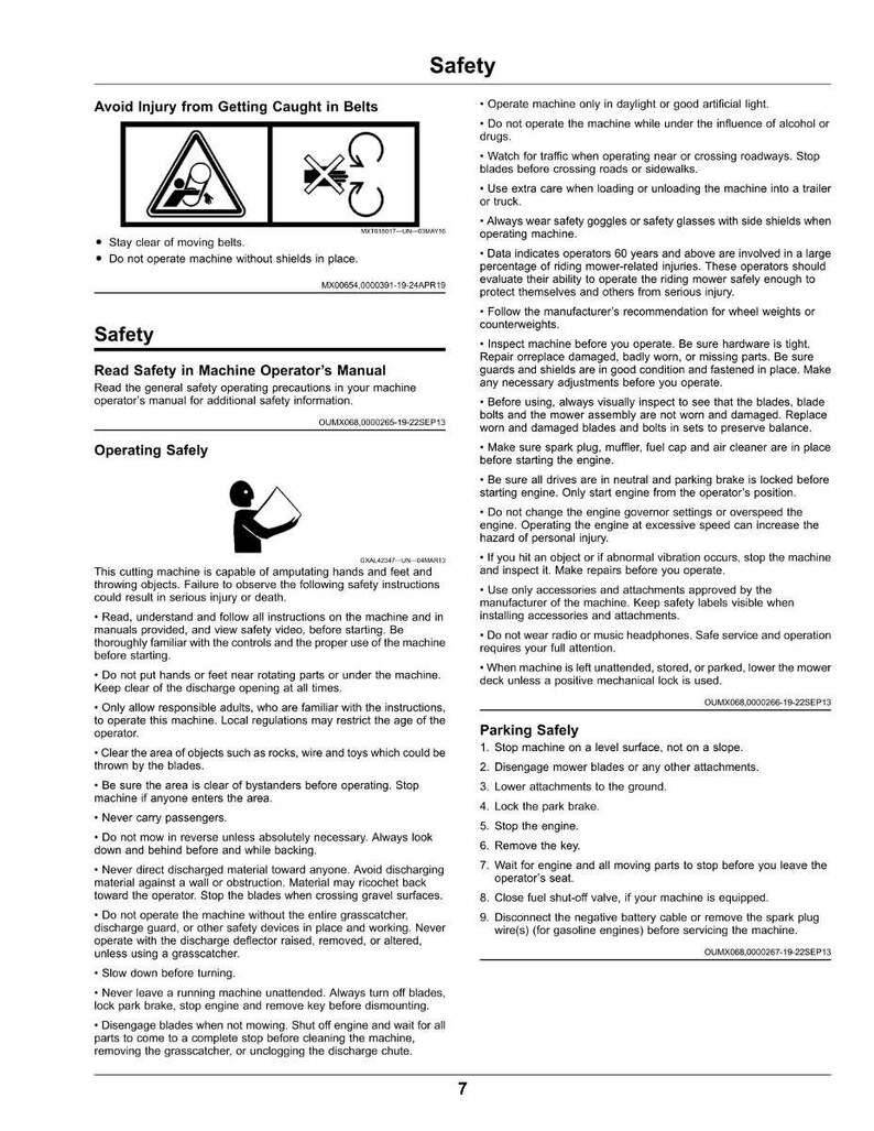 Pode incluir: Uma p&aacute;gina de um manual de seguran&ccedil;a com avisos sobre a opera&ccedil;&atilde;o de uma m&aacute;quina. Inclui ilustra&ccedil;&otilde;es e texto sobre como evitar les&otilde;es, ler o manual e os procedimentos operacionais seguros. A p&aacute;gina tamb&eacute;m detalha o estacionamento seguro.