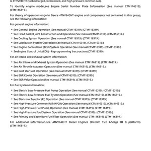 May include: A document titled "John Deere Engine" detailing the 3.0 L diesel engine model 4TNV94CHT, manufactured by Yanmar. The document provides information on engine operation, including fuel and air intake systems.