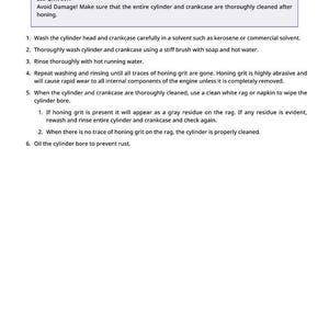 May include: White document with the title "Clean Cylinder Bore 44J677" and instructions for cleaning an engine cylinder. The text includes steps for washing, rinsing, and checking for honing grit.