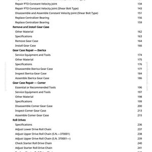 May include: A page from a manual with a table of contents. The text includes repair instructions for various mechanical components, such as U-joints, PTOs, and gear cases. The page number is visible in the right corner.