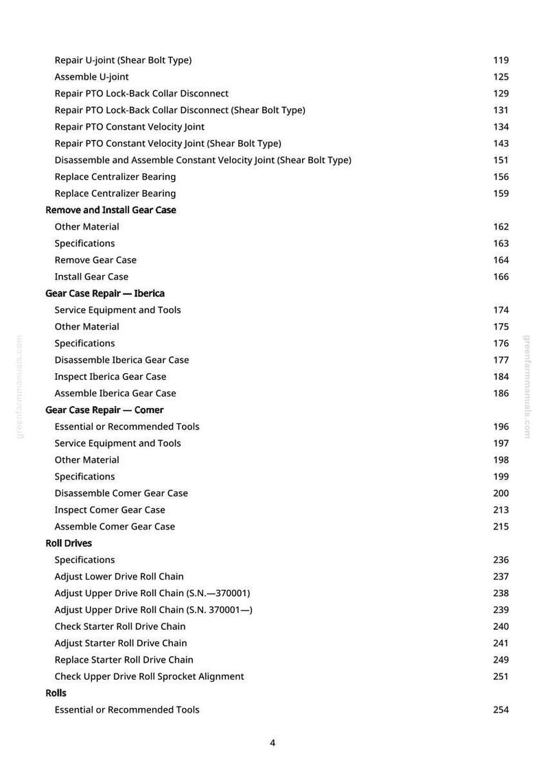 May include: A page from a manual with a table of contents. The text includes repair instructions for various mechanical components, such as U-joints, PTOs, and gear cases. The page number is visible in the right corner.