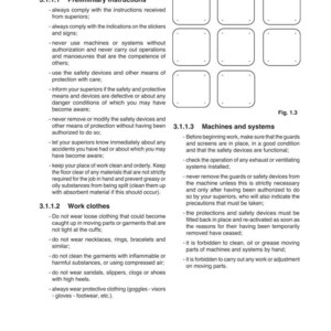 May include: A page from a safety manual with text and diagrams. The text includes rules for general character, preliminary instructions, work clothes, and machine systems. The diagrams are blank squares.