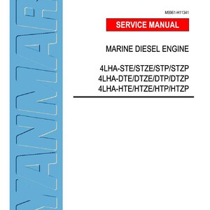Op de afbeelding: Een wit document met het woord "YANMAR" in grote blauwe letters. Het document is een servicehandleiding voor een scheepsdieselmotor, met modelnummers onder de titel.