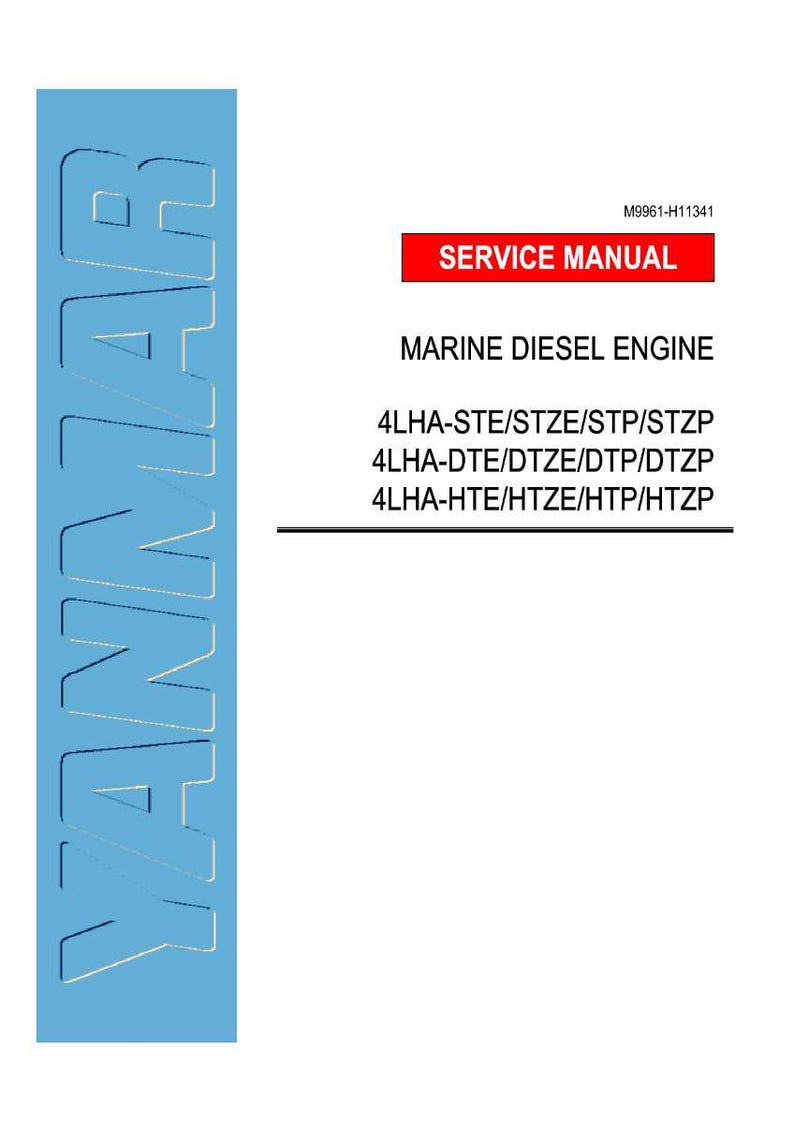Op de afbeelding: Een wit document met het woord "YANMAR" in grote blauwe letters. Het document is een servicehandleiding voor een scheepsdieselmotor, met modelnummers onder de titel.