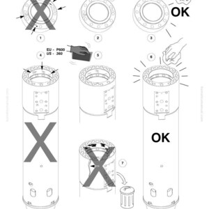 May include: Technical diagram with illustrations of mechanical components. The diagram includes circular parts with multiple holes, and cylindrical structures. Instructions are indicated with "OK" and "X" symbols, and text such as "EU - P600" and "US - 360".