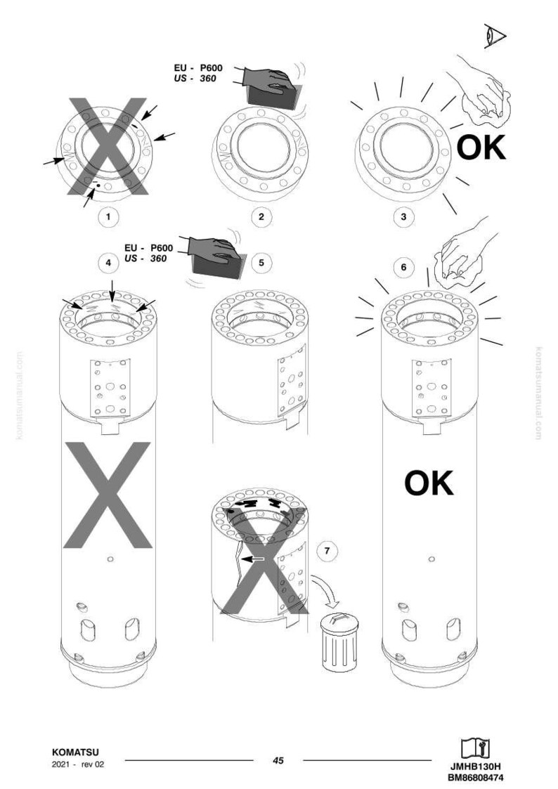 May include: Technical diagram with illustrations of mechanical components. The diagram includes circular parts with multiple holes, and cylindrical structures. Instructions are indicated with "OK" and "X" symbols, and text such as "EU - P600" and "US - 360".