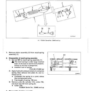 Pode incluir: Diagrama t&eacute;cnico que ilustra a desmontagem de um conjunto de mola de recuo. A imagem mostra componentes rotulados e instru&ccedil;&otilde;es, incluindo medi&ccedil;&otilde;es em mil&iacute;metros e quilonewtons, essenciais para a manuten&ccedil;&atilde;o.