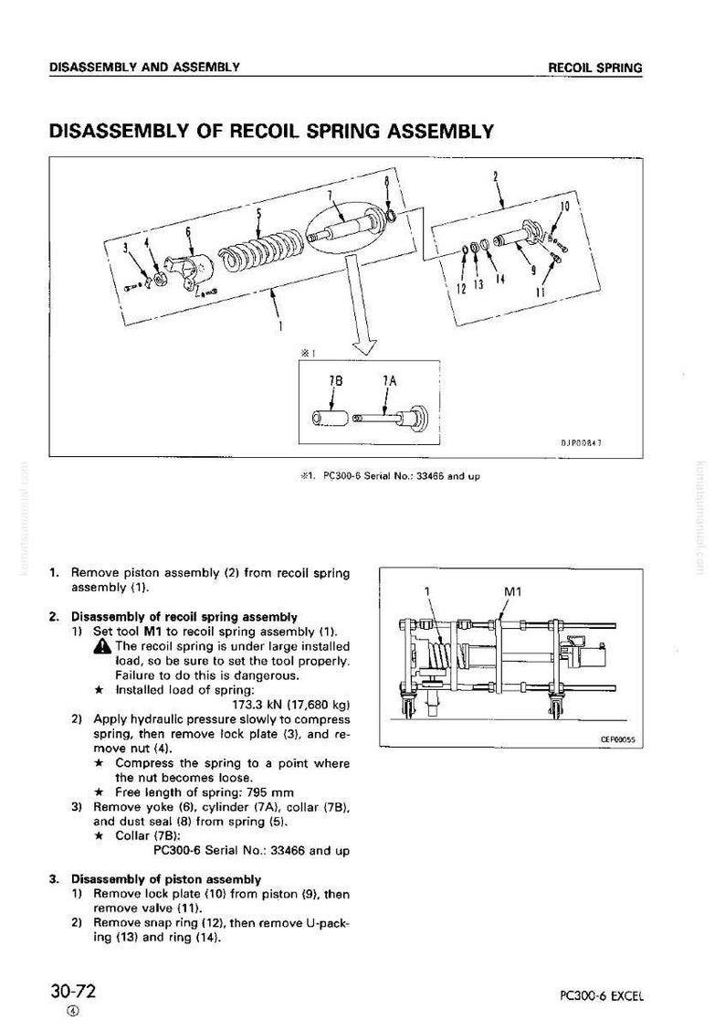 Pode incluir: Diagrama t&eacute;cnico que ilustra a desmontagem de um conjunto de mola de recuo. A imagem mostra componentes rotulados e instru&ccedil;&otilde;es, incluindo medi&ccedil;&otilde;es em mil&iacute;metros e quilonewtons, essenciais para a manuten&ccedil;&atilde;o.