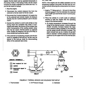 May include: Diagram of a thermal sensor and solenoid valve test setup, including a thermometer, oil pressure gauge, and voltmeter. The diagram includes a schematic with labels and instructions for testing the components.