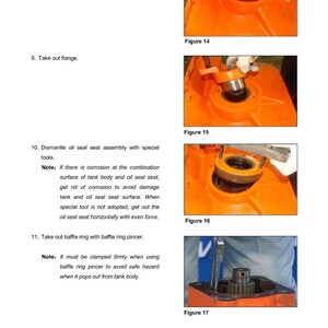 May include: Diagrams from a manual showing steps for transmission and torque converter repair. Figures 14, 15, 16, and 17 illustrate the process, including loosening bolts, removing flanges, and dismantling the oil seal seat assembly. Text includes instructions and warnings.