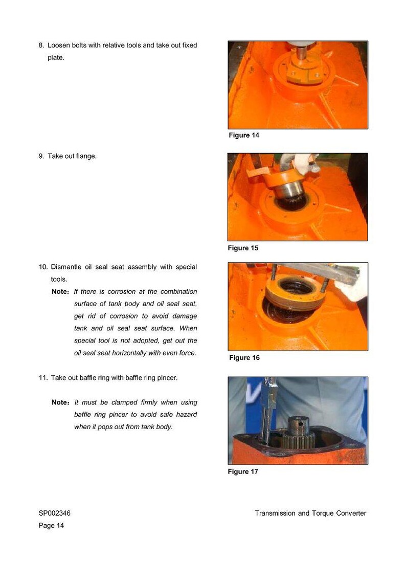 May include: Diagrams from a manual showing steps for transmission and torque converter repair. Figures 14, 15, 16, and 17 illustrate the process, including loosening bolts, removing flanges, and dismantling the oil seal seat assembly. Text includes instructions and warnings.