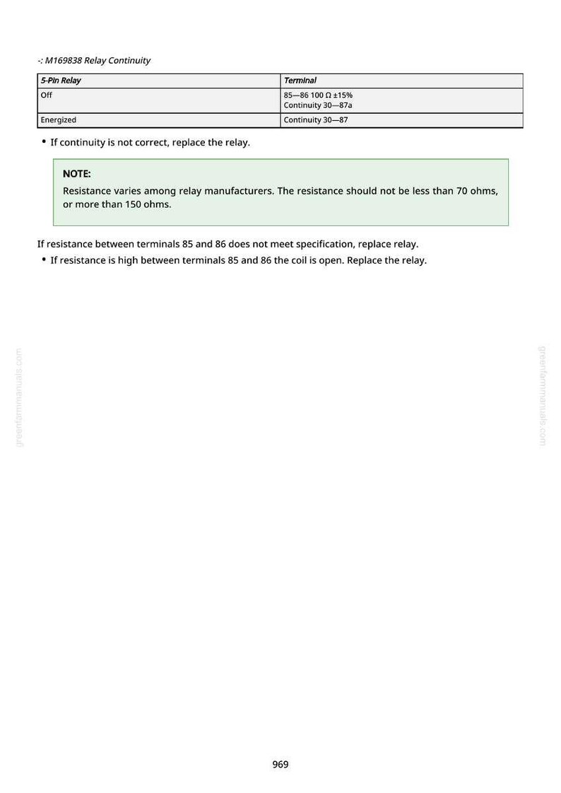 May include: A technical diagram detailing relay continuity, including a 5-pin relay with 'Off' and 'Energized' states. The diagram provides terminal specifications and notes on resistance measurements in ohms.