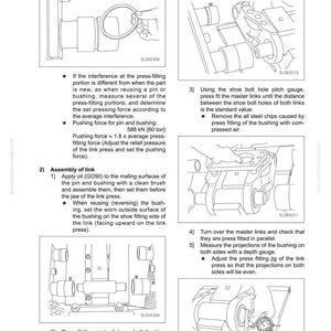 May include: Technical diagram showing the disassembly and assembly of a track shoe assembly. The image includes detailed illustrations of various components, measurements in kN and tons, and step-by-step instructions for the process.