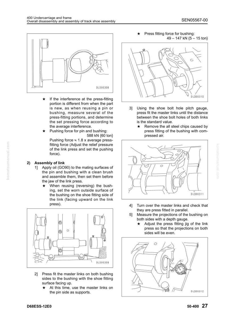 May include: Technical diagram showing the disassembly and assembly of a track shoe assembly. The image includes detailed illustrations of various components, measurements in kN and tons, and step-by-step instructions for the process.