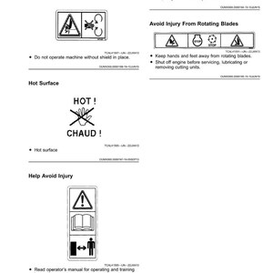 May include: A page of safety labels featuring black and white warning symbols. The labels warn about hot surfaces, rotating blades, and the need to keep shields in place. The text includes "HOT!" and "CHAUD!"