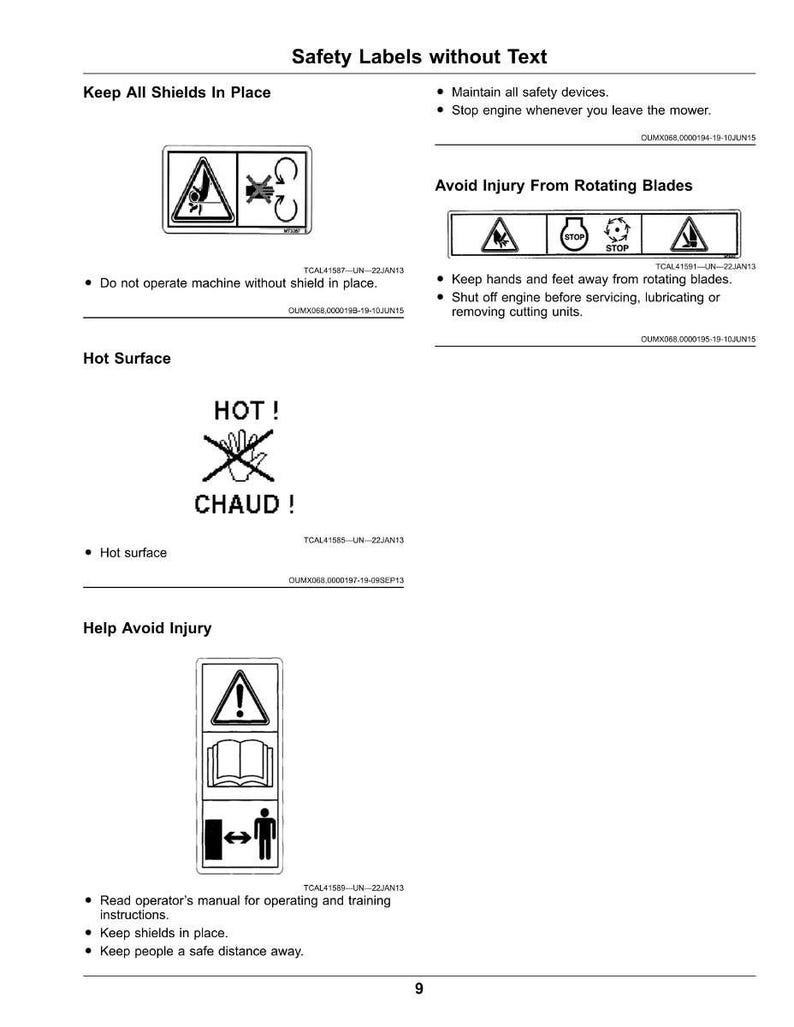 May include: A page of safety labels featuring black and white warning symbols. The labels warn about hot surfaces, rotating blades, and the need to keep shields in place. The text includes "HOT!" and "CHAUD!"