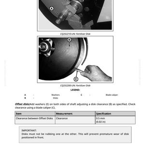 May include: Diagram of a fertilizer disk assembly with labels A, B, and C. The image includes close-ups of the disk and a blade caliper, with a measurement of 0.5 mm (0.02 in) for clearance between offset disks.