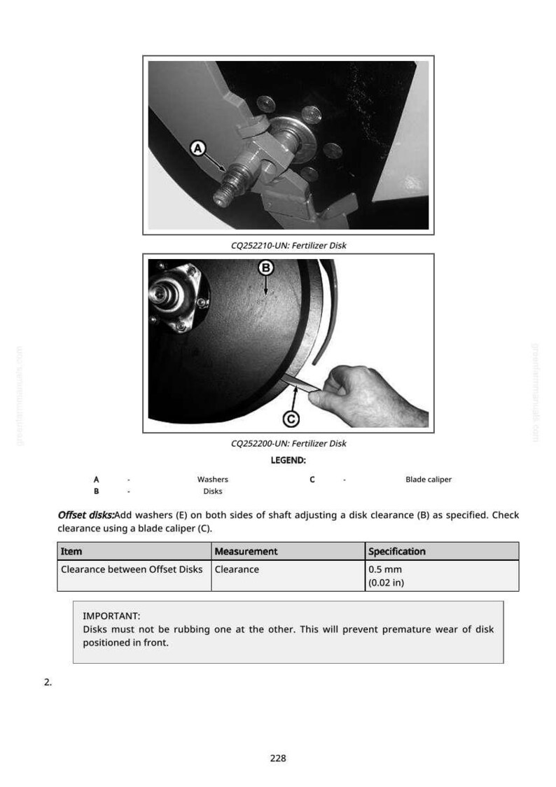 May include: Diagram of a fertilizer disk assembly with labels A, B, and C. The image includes close-ups of the disk and a blade caliper, with a measurement of 0.5 mm (0.02 in) for clearance between offset disks.