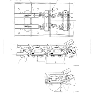 May include: Technical diagram of a track assembly, labeled "TRACK" and "(1) Master pin type." The diagram includes multiple views with dimensions and part numbers, rendered in black lines on a white background.
