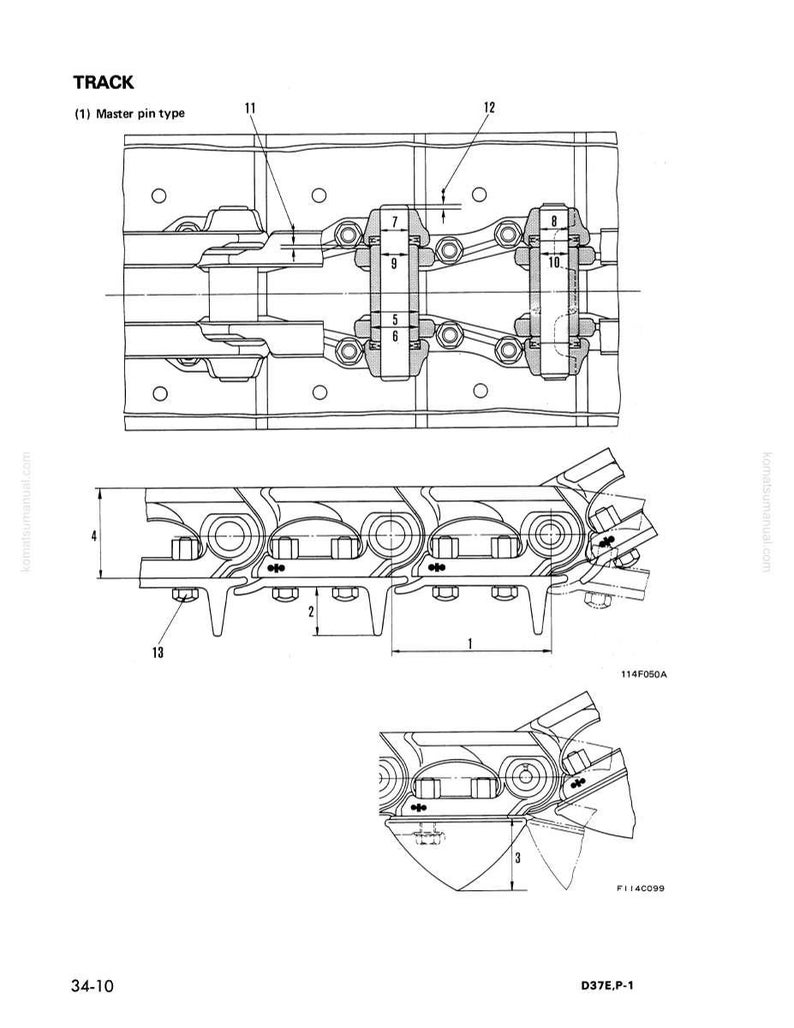 May include: Technical diagram of a track assembly, labeled "TRACK" and "(1) Master pin type." The diagram includes multiple views with dimensions and part numbers, rendered in black lines on a white background.
