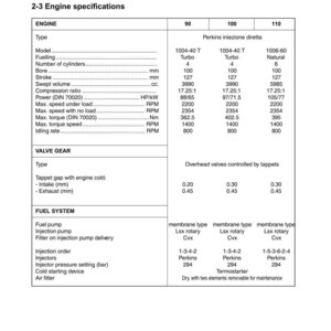 May include: A detailed technical specification sheet for tractor engines, featuring data on engine models, fuel systems, and valve gear. The document includes measurements in millimeters, horsepower, and RPM.
