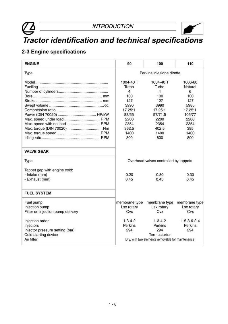 May include: A detailed technical specification sheet for tractor engines, featuring data on engine models, fuel systems, and valve gear. The document includes measurements in millimeters, horsepower, and RPM.