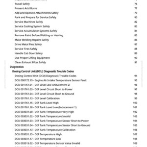 K&ouml;nnte beinhalten: Eine wei&szlig;e Seite mit einer Liste von Sicherheitsrichtlinien und Diagnose-Fehlercodes f&uuml;r eine Maschine. Der Text umfasst Themen wie "Betrieb an H&auml;ngen" und "DEF-Tanktemperatur". Die Seite hat eine Website-Adresse in der Ecke.