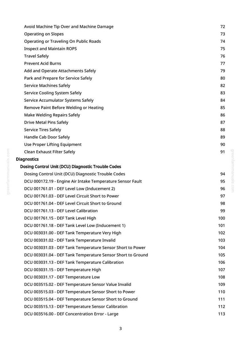 K&ouml;nnte beinhalten: Eine wei&szlig;e Seite mit einer Liste von Sicherheitsrichtlinien und Diagnose-Fehlercodes f&uuml;r eine Maschine. Der Text umfasst Themen wie "Betrieb an H&auml;ngen" und "DEF-Tanktemperatur". Die Seite hat eine Website-Adresse in der Ecke.