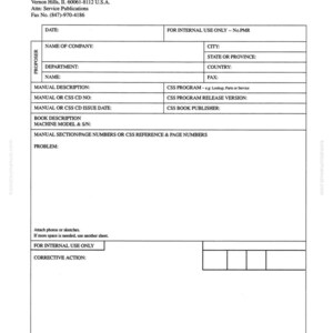 May include: A white document headed "PROPOSAL FOR MANUAL OR CSS REVISION" from Komatsu America Corp. Contains fields for company details, manual descriptions, and corrective actions. The document is for internal use only.