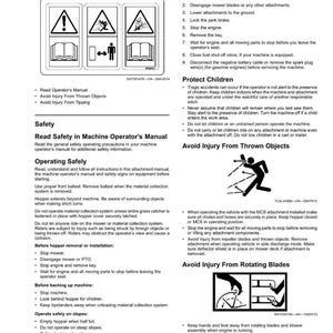 May include: A safety manual page with diagrams and text, including warnings about thrown objects and rotating blades. The manual provides instructions for safe operation and maintenance of machinery, emphasizing the importance of following safety guidelines.